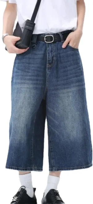 Jorts Women's & Men's Black Denim Shorts Jean Shorts Y2k Style Long Jorts Wide Leg Baggy with Pockets