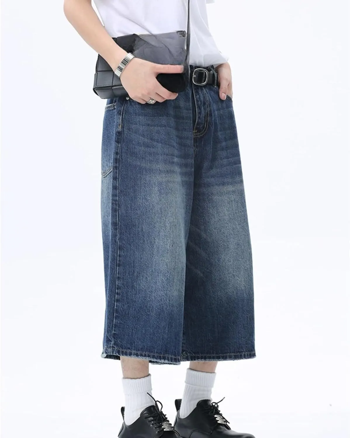 Jorts Women's & Men's Black Denim Shorts Jean Shorts Y2k Style Long Jorts Wide Leg Baggy with Pockets