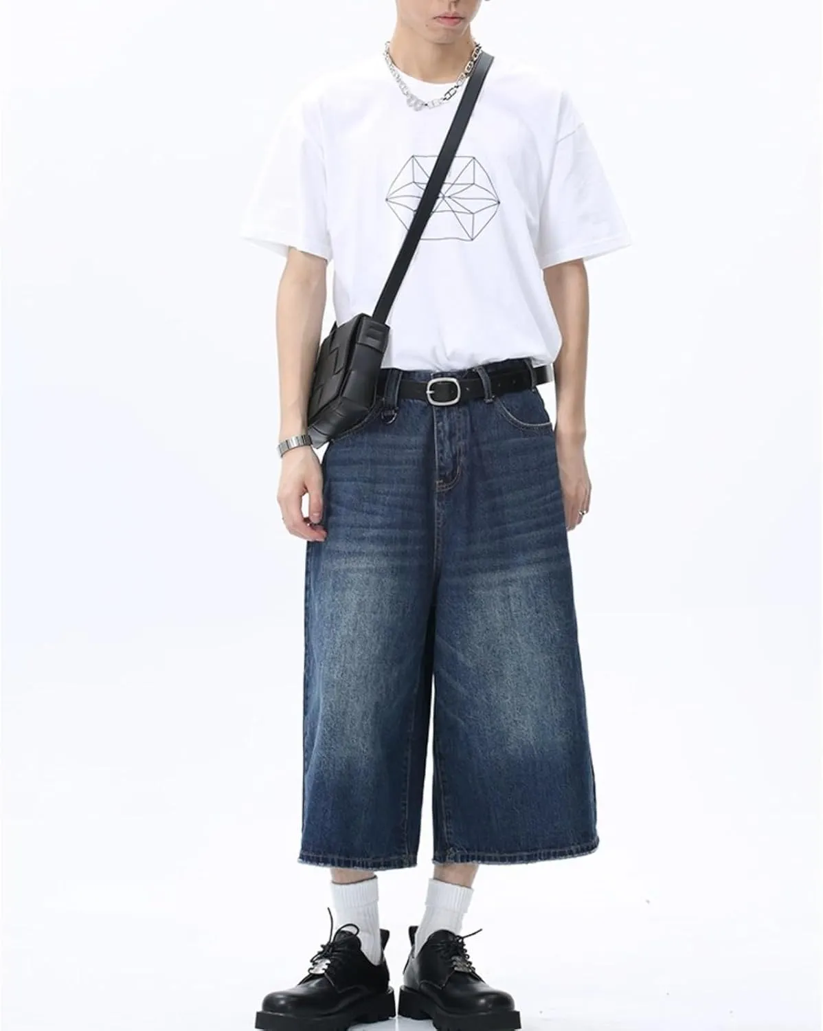 Jorts Women's & Men's Black Denim Shorts Jean Shorts Y2k Style Long Jorts Wide Leg Baggy with Pockets