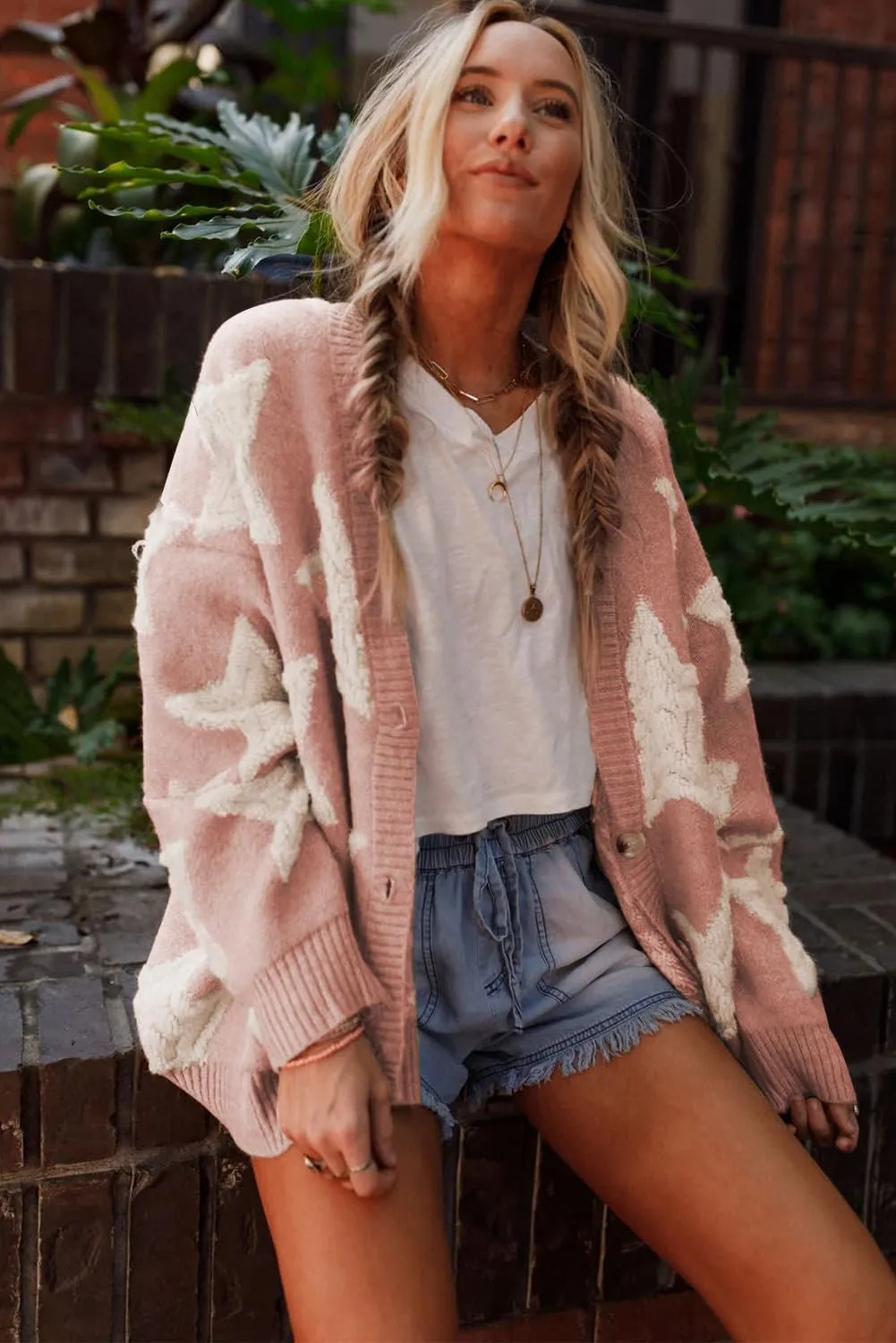 KevaMolly Womens Cardigan Sweater Sherpa Star Pattern Textured Sweater Cardigan with Pockets Casual Knit Coat