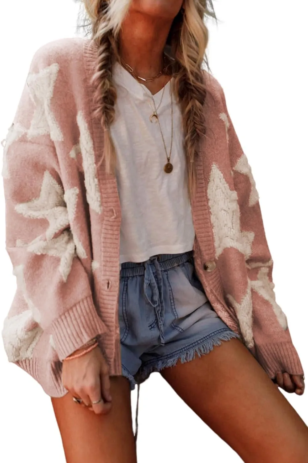 KevaMolly Womens Cardigan Sweater Sherpa Star Pattern Textured Sweater Cardigan with Pockets Casual Knit Coat