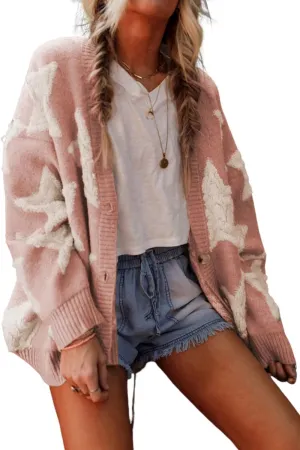 KevaMolly Womens Cardigan Sweater Sherpa Star Pattern Textured Sweater Cardigan with Pockets Casual Knit Coat