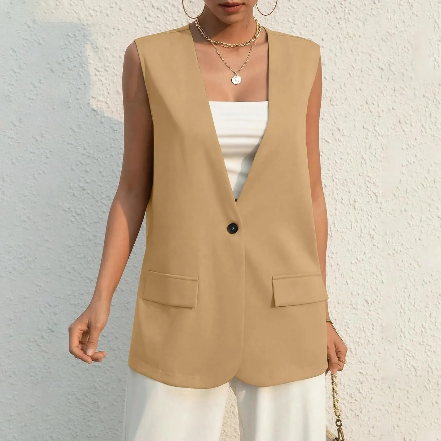 KIKX0DE Women Fall Fashion Sleeveless Blazer Jackets Lightweight Single Button Waistcoat Open Front Work Office Vest Top