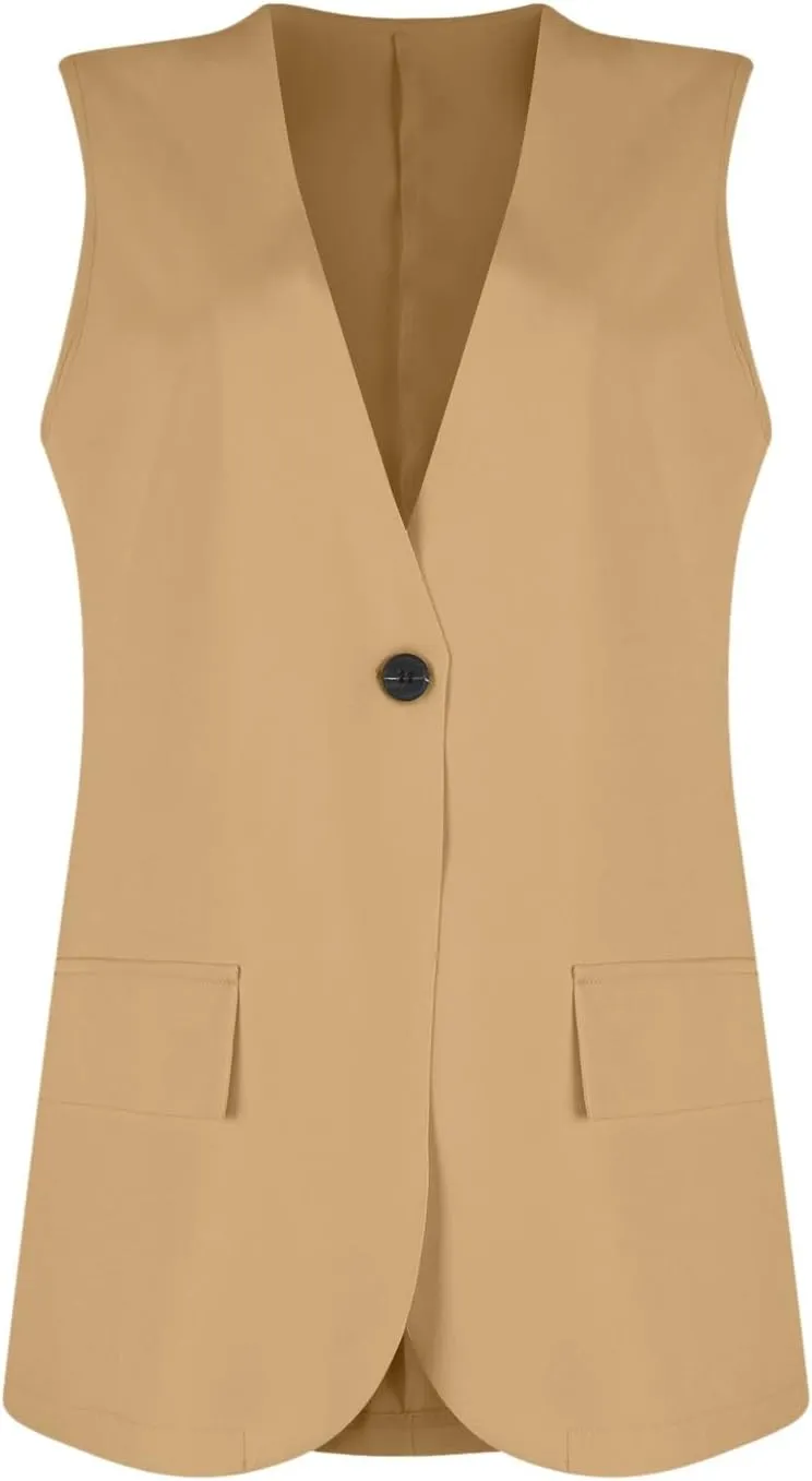 KIKX0DE Women Fall Fashion Sleeveless Blazer Jackets Lightweight Single Button Waistcoat Open Front Work Office Vest Top