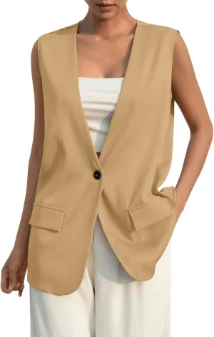 KIKX0DE Women Fall Fashion Sleeveless Blazer Jackets Lightweight Single Button Waistcoat Open Front Work Office Vest Top