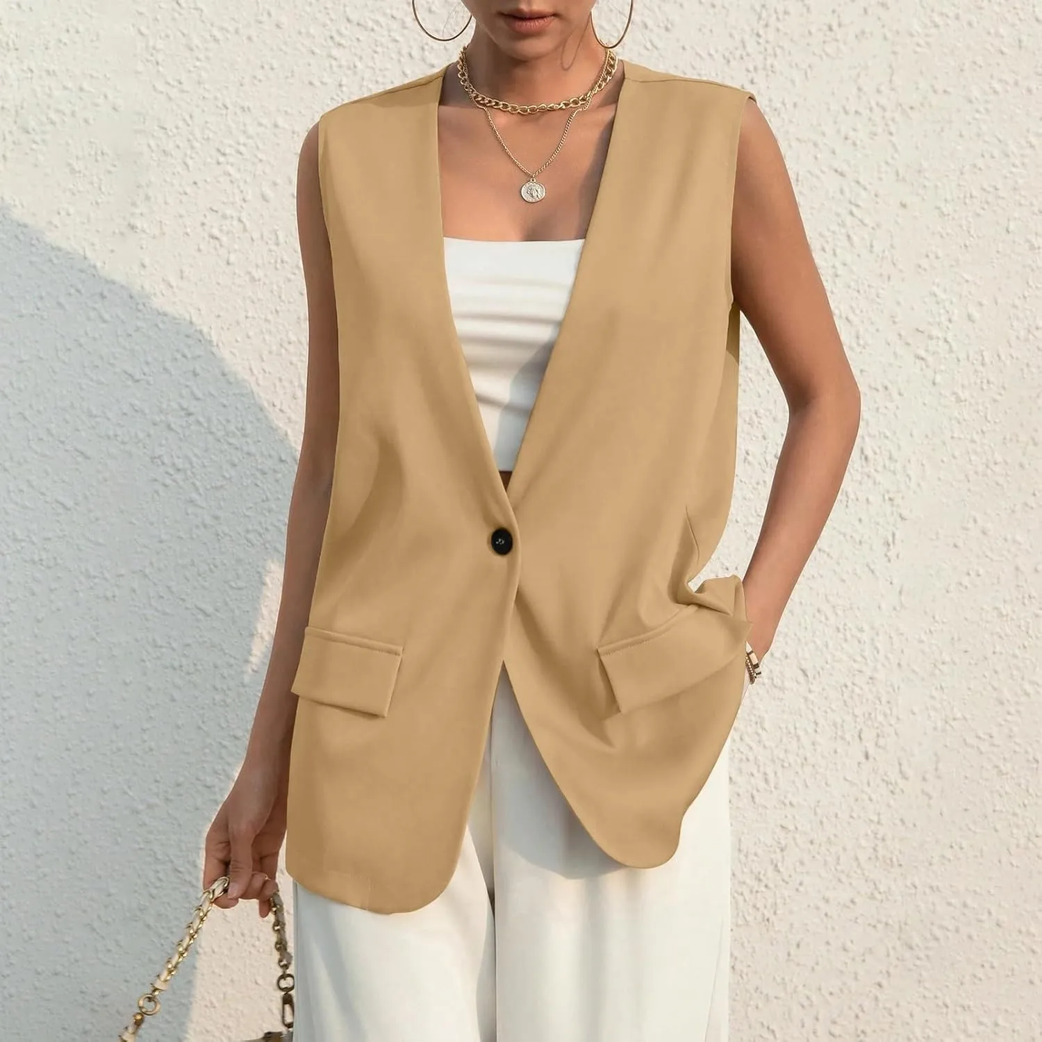 KIKX0DE Women Fall Fashion Sleeveless Blazer Jackets Lightweight Single Button Waistcoat Open Front Work Office Vest Top