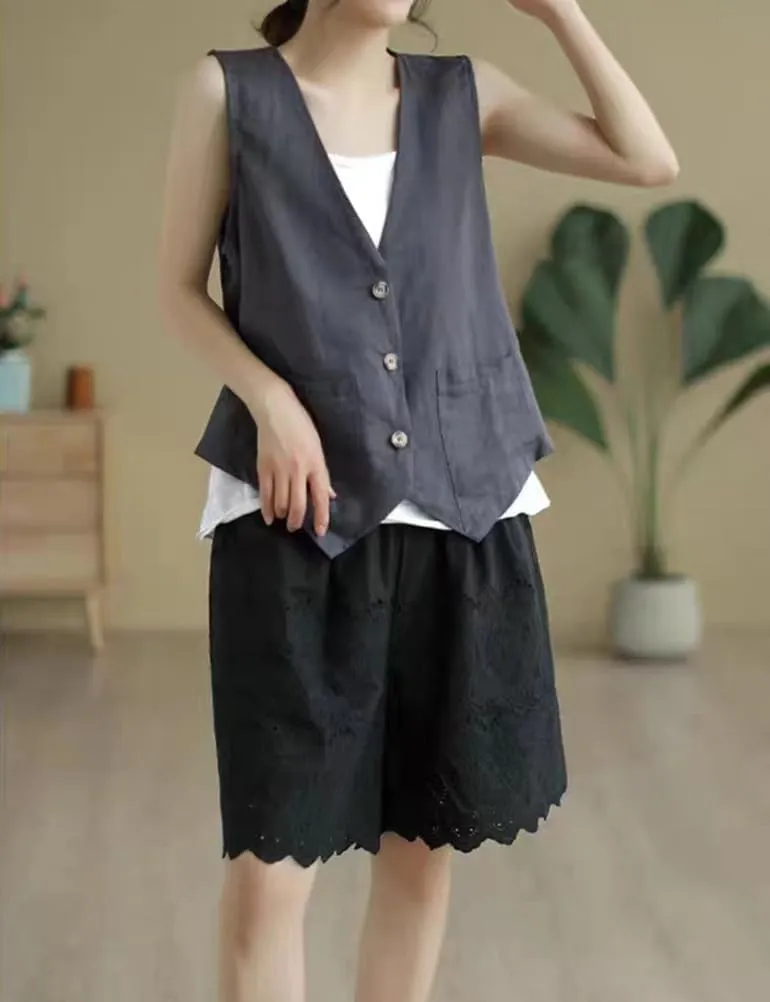 Kinghua Linen Vest Women 2025 Sleeveless Blazer Lightweight Spring Jackets Summer Blazer Button Down Casual Cardigan Tops