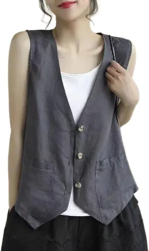 Kinghua Linen Vest Women 2025 Sleeveless Blazer Lightweight Spring Jackets Summer Blazer Button Down Casual Cardigan Tops