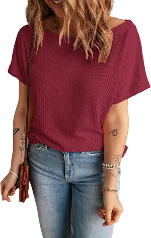 KINLONSAIR Women's Waffle Short Sleeve T Shirt Casual Loose Boat Neck Summer Tee Tops