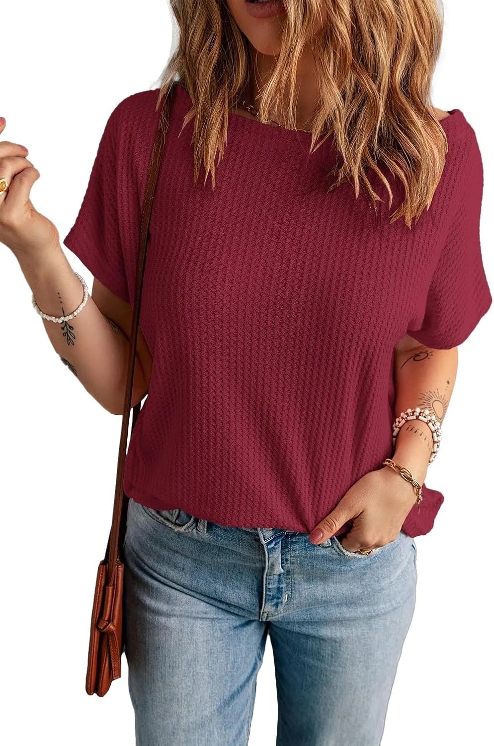 KINLONSAIR Women's Waffle Short Sleeve T Shirt Casual Loose Boat Neck Summer Tee Tops