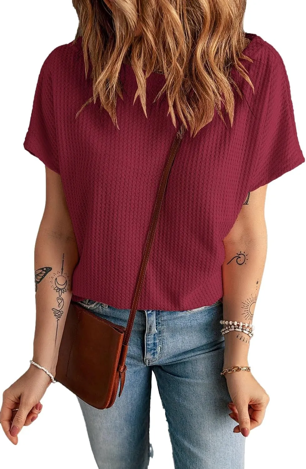 KINLONSAIR Women's Waffle Short Sleeve T Shirt Casual Loose Boat Neck Summer Tee Tops
