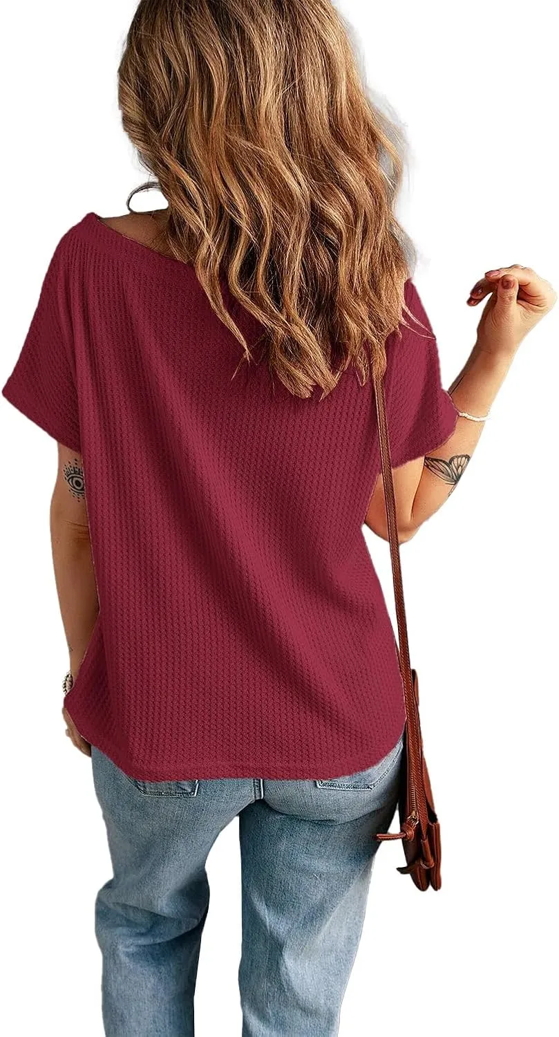 KINLONSAIR Women's Waffle Short Sleeve T Shirt Casual Loose Boat Neck Summer Tee Tops