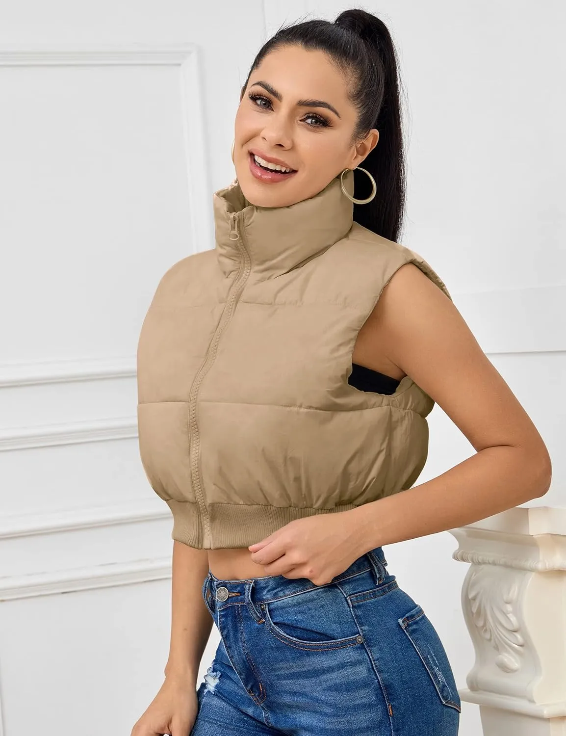 Kissonic Women's Padded Down Vest Puffer Stand Collar Zip Up Crop Sleeveless Jacket
