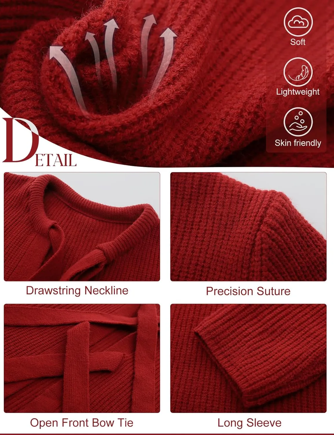 Kissonic Women's Tie Front Cropped Cardigan Crew Neck Long Sleeve Ribbed Knit Cardigan Bow Tie Trendy Sweater Tops
