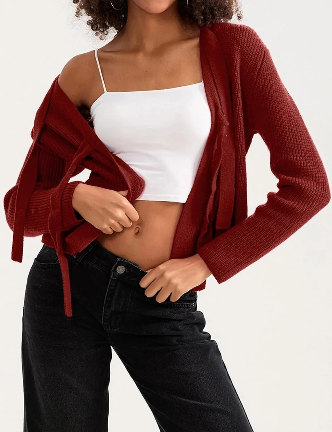 Kissonic Women's Tie Front Cropped Cardigan Crew Neck Long Sleeve Ribbed Knit Cardigan Bow Tie Trendy Sweater Tops