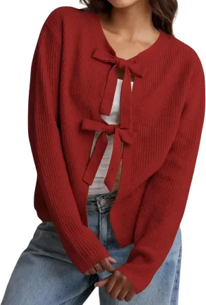 Kissonic Women's Tie Front Cropped Cardigan Crew Neck Long Sleeve Ribbed Knit Cardigan Bow Tie Trendy Sweater Tops