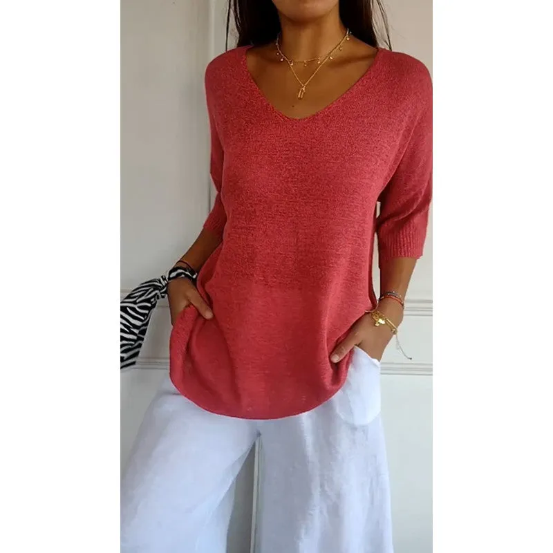 Knitted Medium Shoet Sleeve V-neck Casual Top