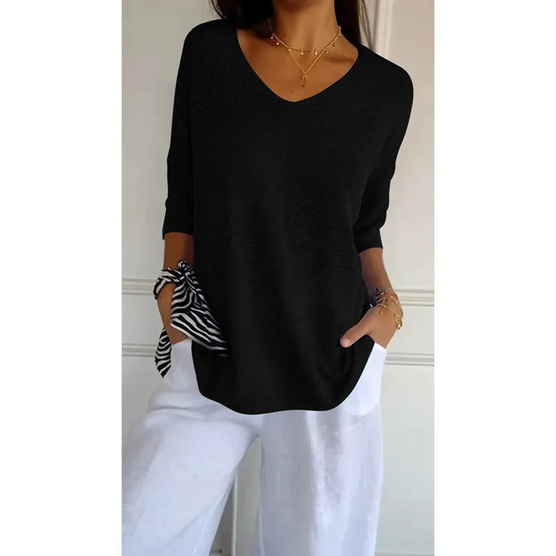 Knitted Medium Shoet Sleeve V-neck Casual Top