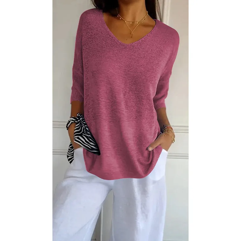 Knitted Medium Shoet Sleeve V-neck Casual Top