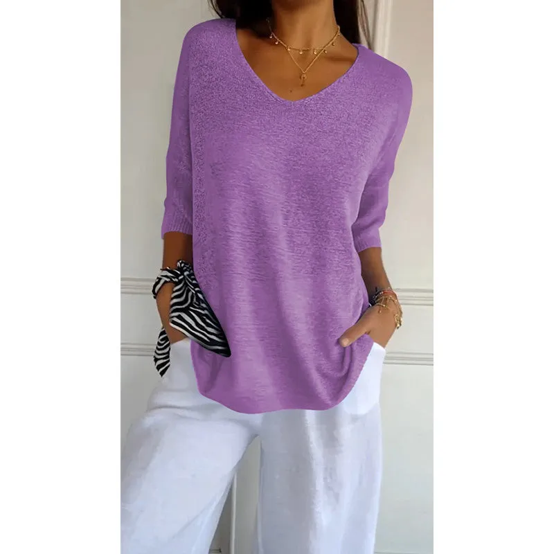 Knitted Medium Shoet Sleeve V-neck Casual Top