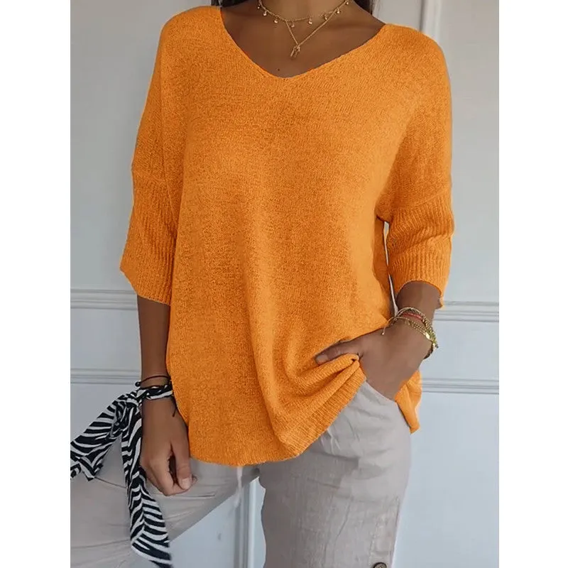 Knitted Medium Shoet Sleeve V-neck Casual Top