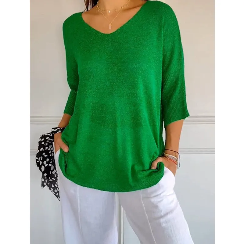Knitted Medium Shoet Sleeve V-neck Casual Top