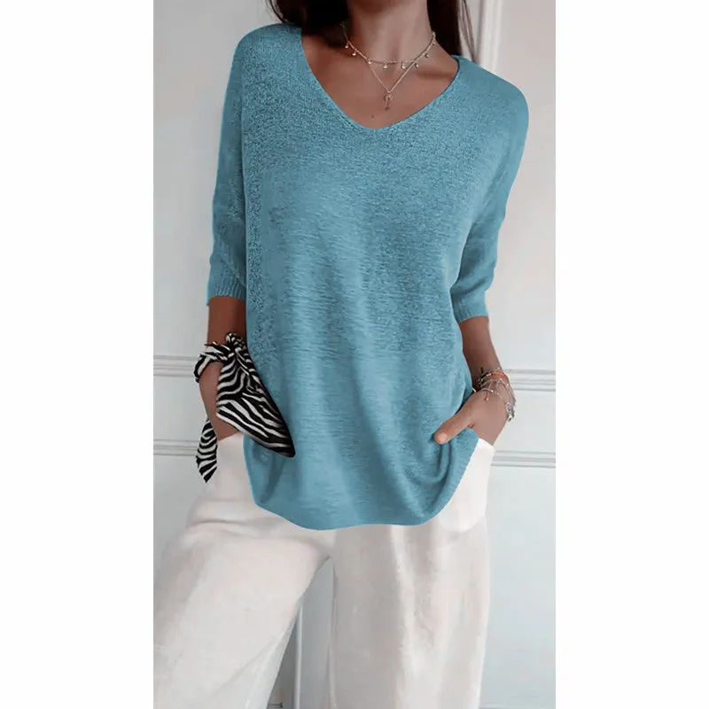 Knitted Medium Shoet Sleeve V-neck Casual Top