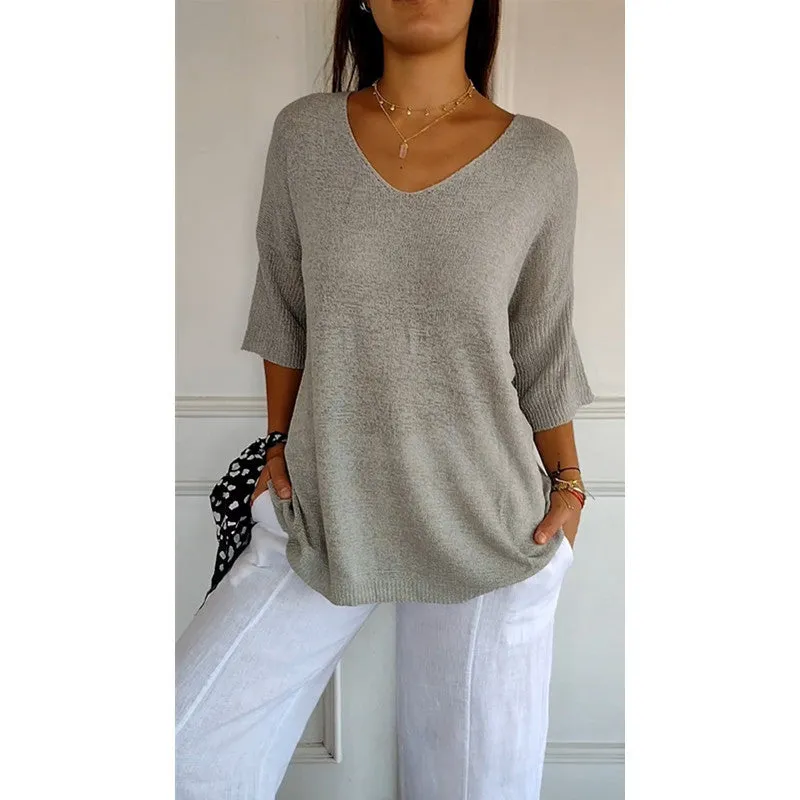 Knitted Medium Shoet Sleeve V-neck Casual Top