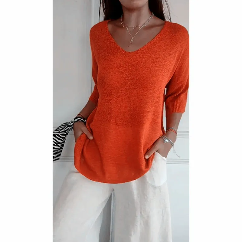 Knitted Medium Shoet Sleeve V-neck Casual Top