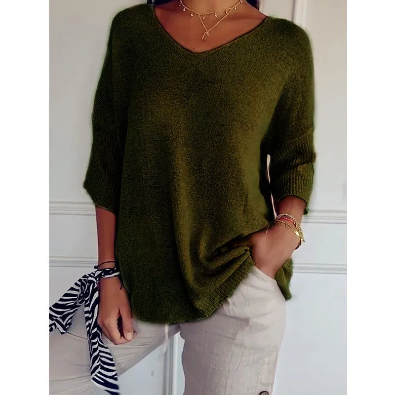Knitted Medium Shoet Sleeve V-neck Casual Top