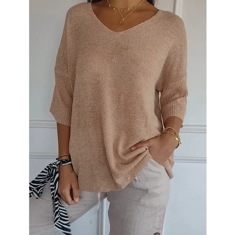 Knitted Medium Shoet Sleeve V-neck Casual Top