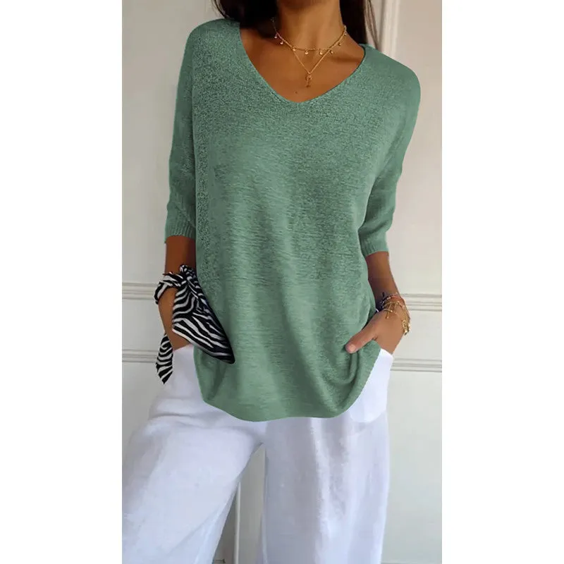 Knitted Medium Shoet Sleeve V-neck Casual Top