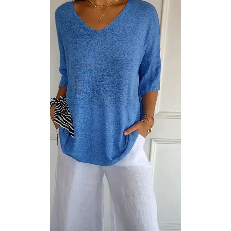 Knitted Medium Shoet Sleeve V-neck Casual Top