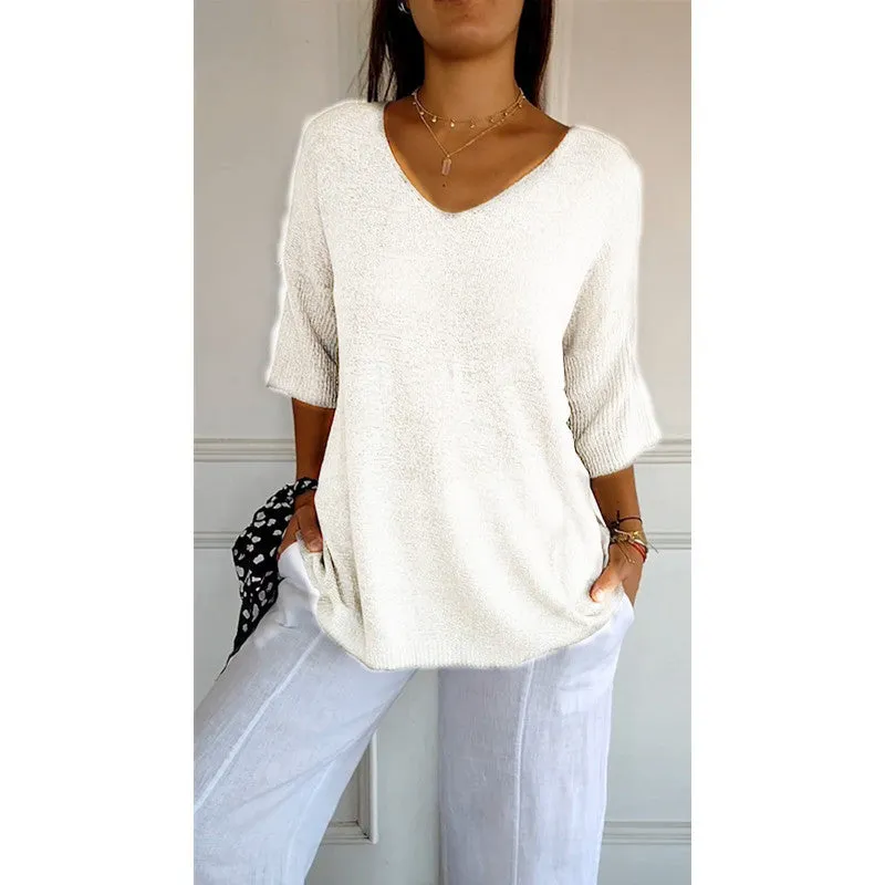 Knitted Medium Shoet Sleeve V-neck Casual Top