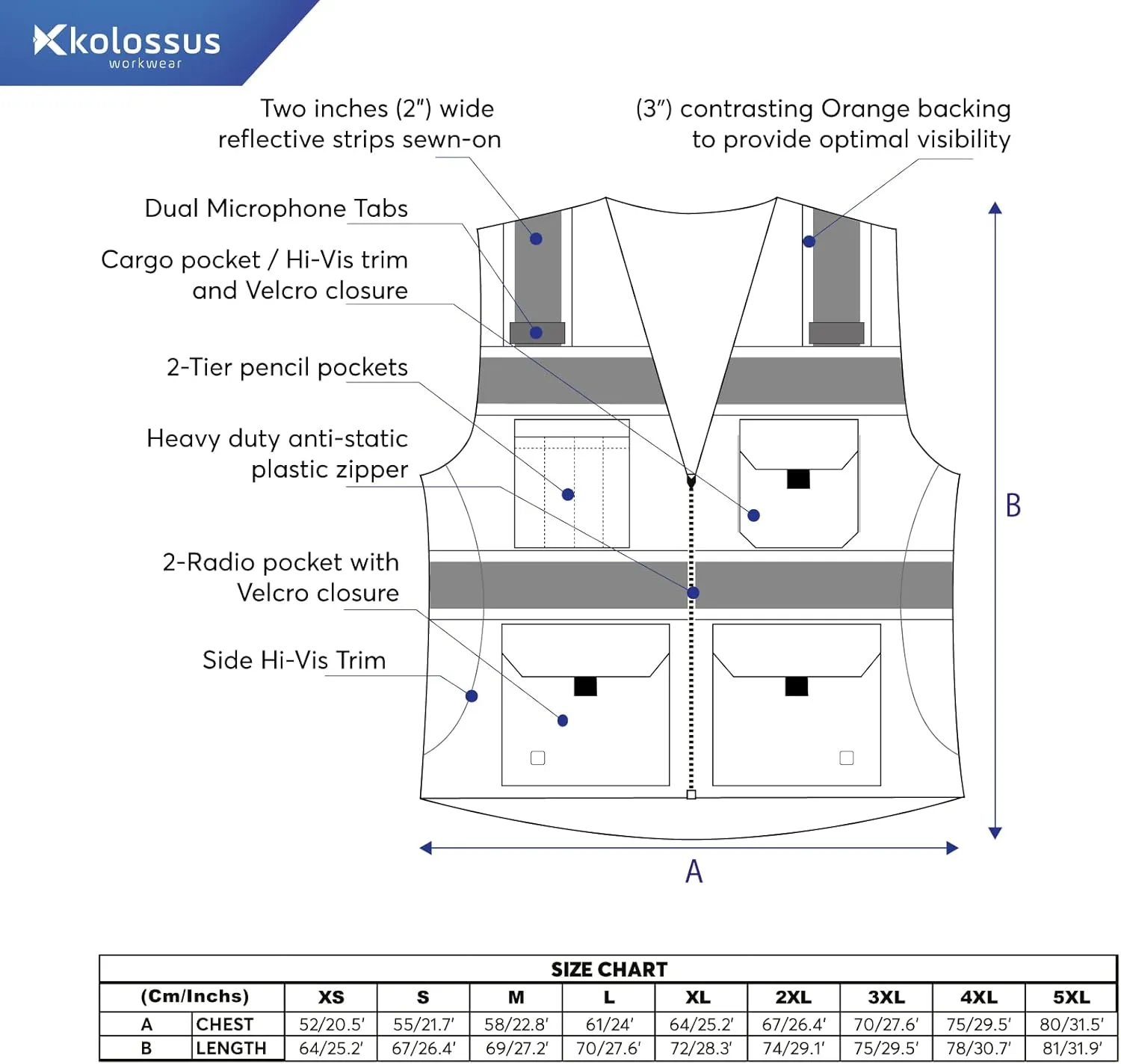 Kolossus High Visibility Safety Vest Front Pockets Silver Orange Reflective Tape for Men and Women Class 2