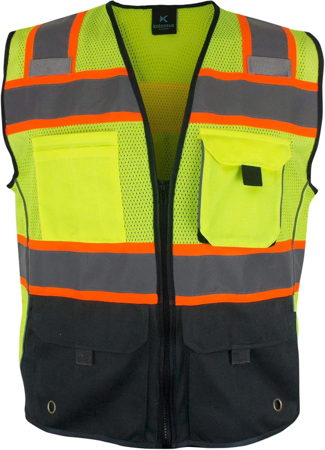 Kolossus High Visibility Safety Vest Front Pockets Silver Orange Reflective Tape for Men and Women Class 2