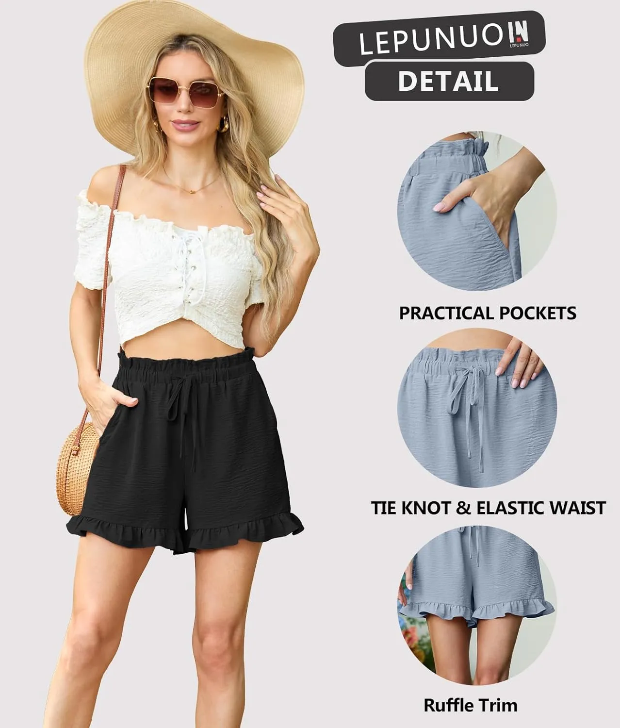 Lepunuo Womens Casual High Waisted Wide Leg Shorts Drawstring Cute Casual Summer Beach Shorts with Pockets