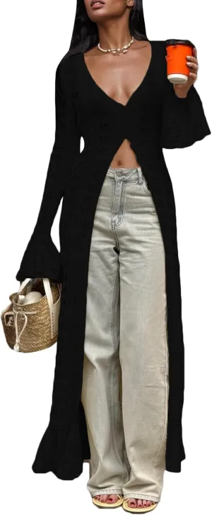 LETSVDO Womens Long Crochet Cardigan Bell Sleeve Ruffle Knit Hollow Out Lightweight Duster Sweater Beach Cover up Dress