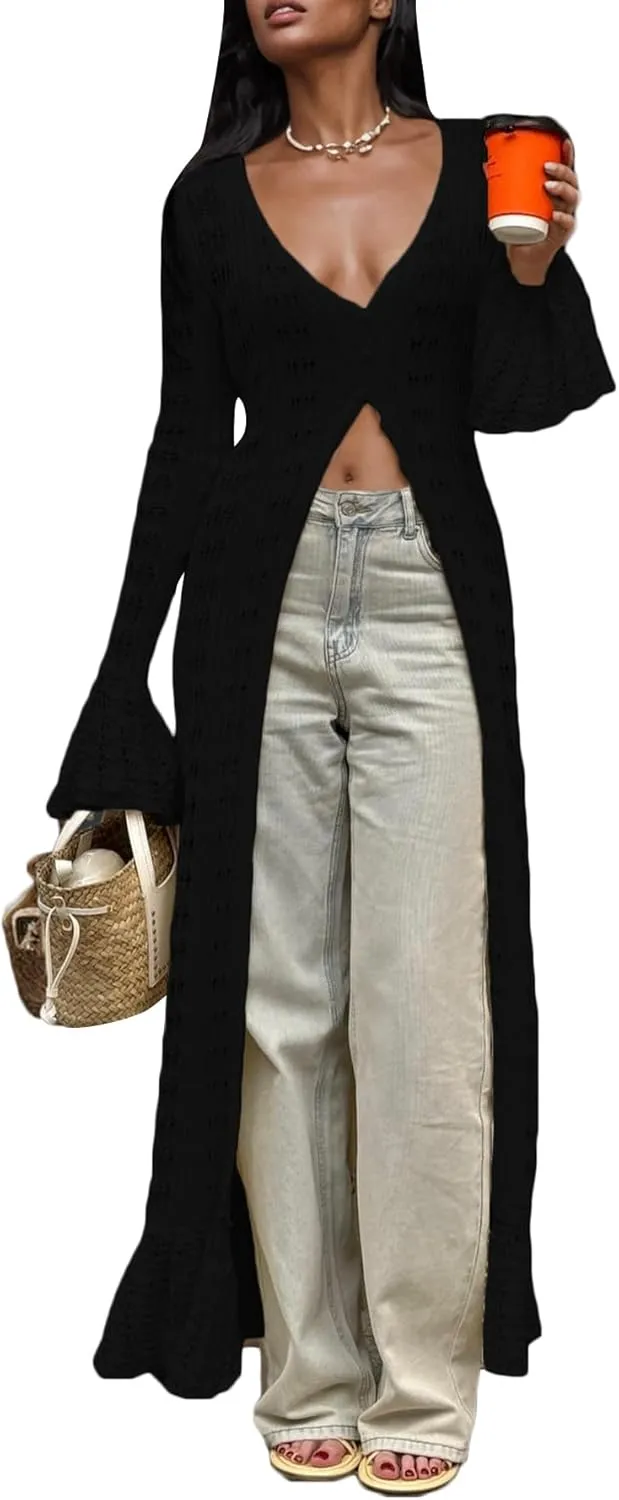 LETSVDO Womens Long Crochet Cardigan Bell Sleeve Ruffle Knit Hollow Out Lightweight Duster Sweater Beach Cover up Dress
