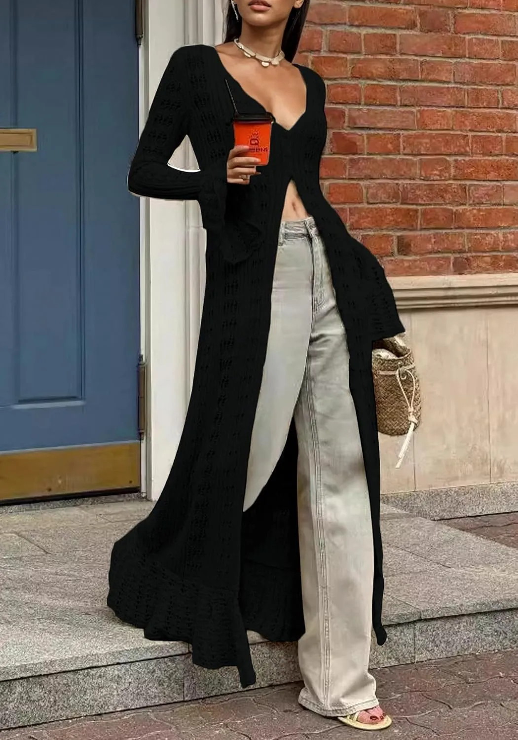 LETSVDO Womens Long Crochet Cardigan Bell Sleeve Ruffle Knit Hollow Out Lightweight Duster Sweater Beach Cover up Dress