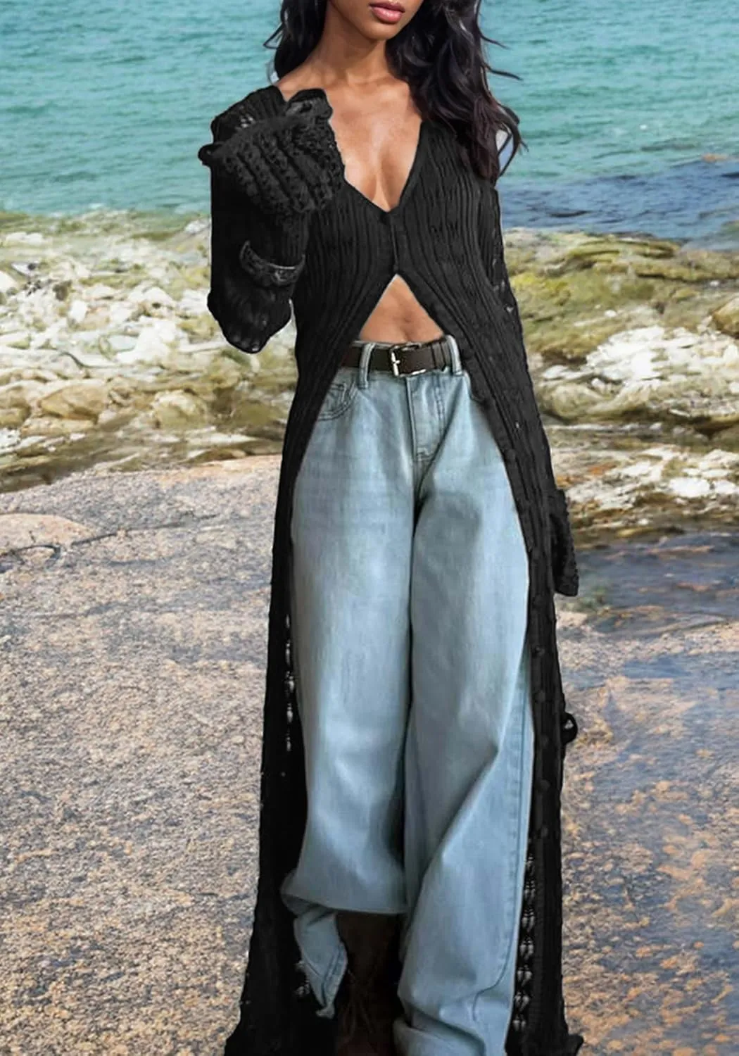 LETSVDO Womens Long Crochet Cardigan Bell Sleeve Ruffle Knit Hollow Out Lightweight Duster Sweater Beach Cover up Dress
