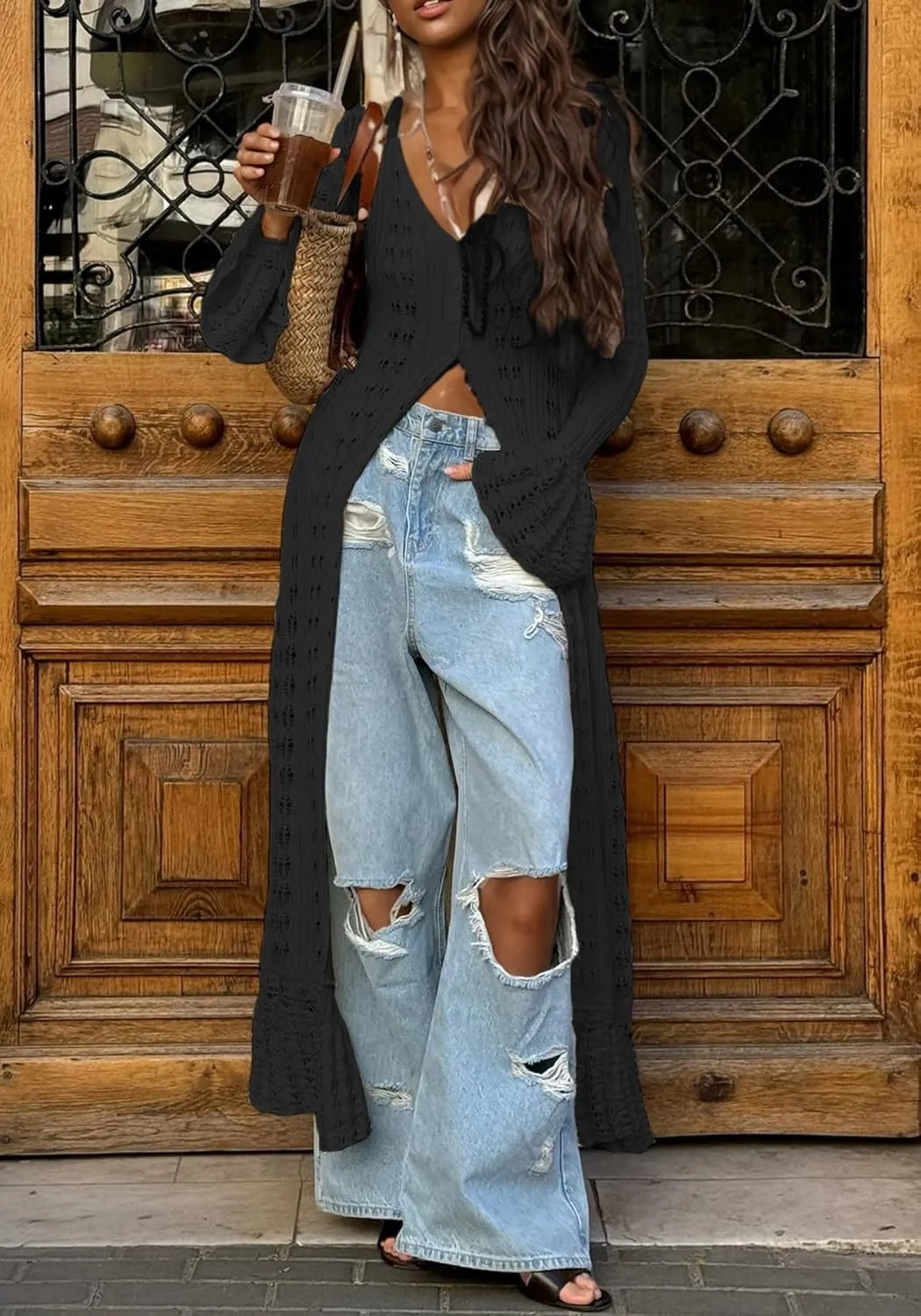 LETSVDO Womens Long Crochet Cardigan Bell Sleeve Ruffle Knit Hollow Out Lightweight Duster Sweater Beach Cover up Dress