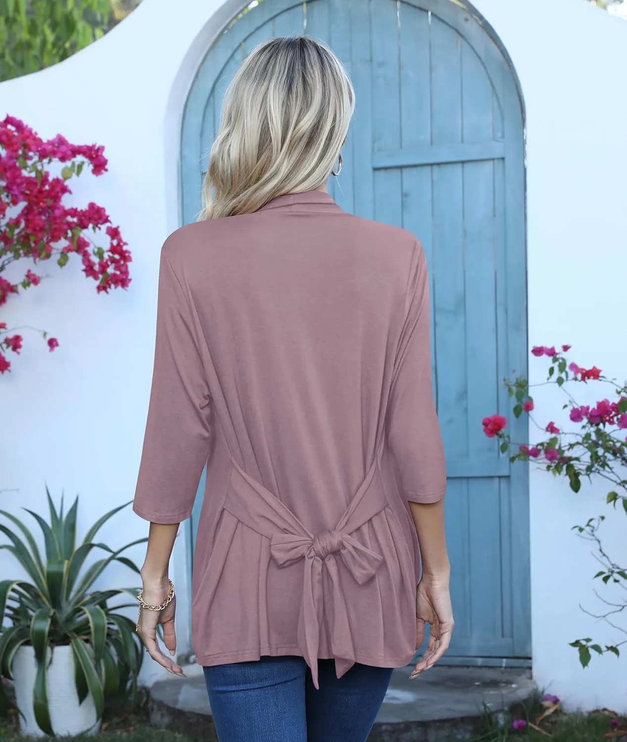 LILBETTER Women's Casual Lightweight 3/4 Sleeve Open Front Cardigan Draped Duster