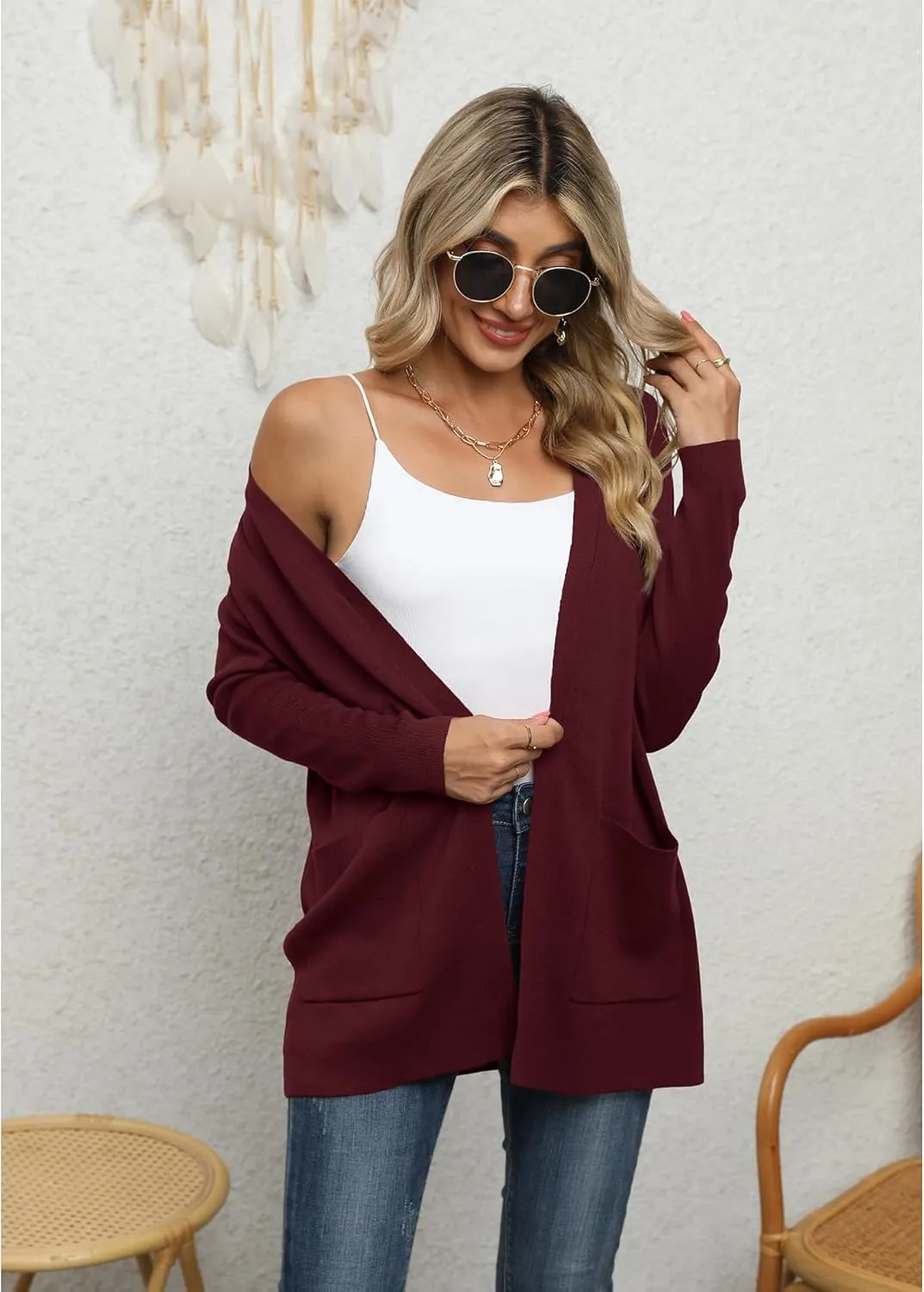 LILBETTER Womens Casual Lightweight Long Sleeve Open Front Cardigan Sweaters with Pockets