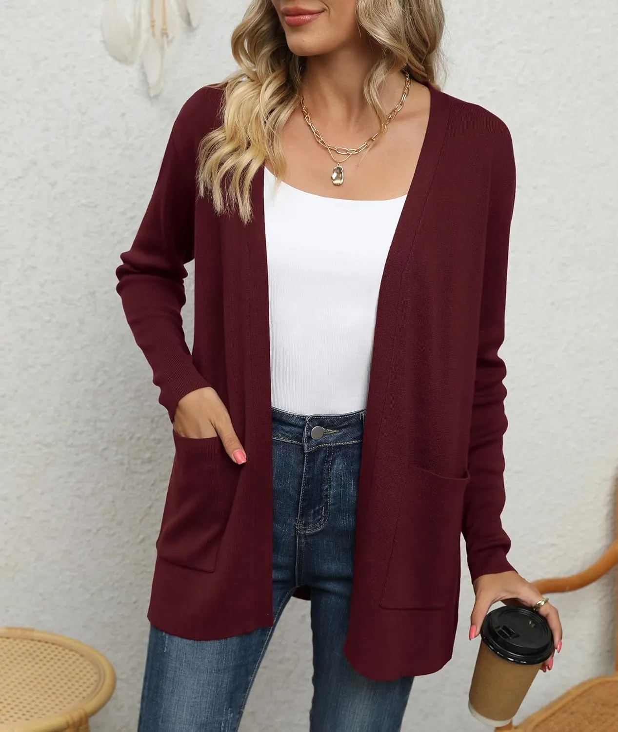 LILBETTER Womens Casual Lightweight Long Sleeve Open Front Cardigan Sweaters with Pockets