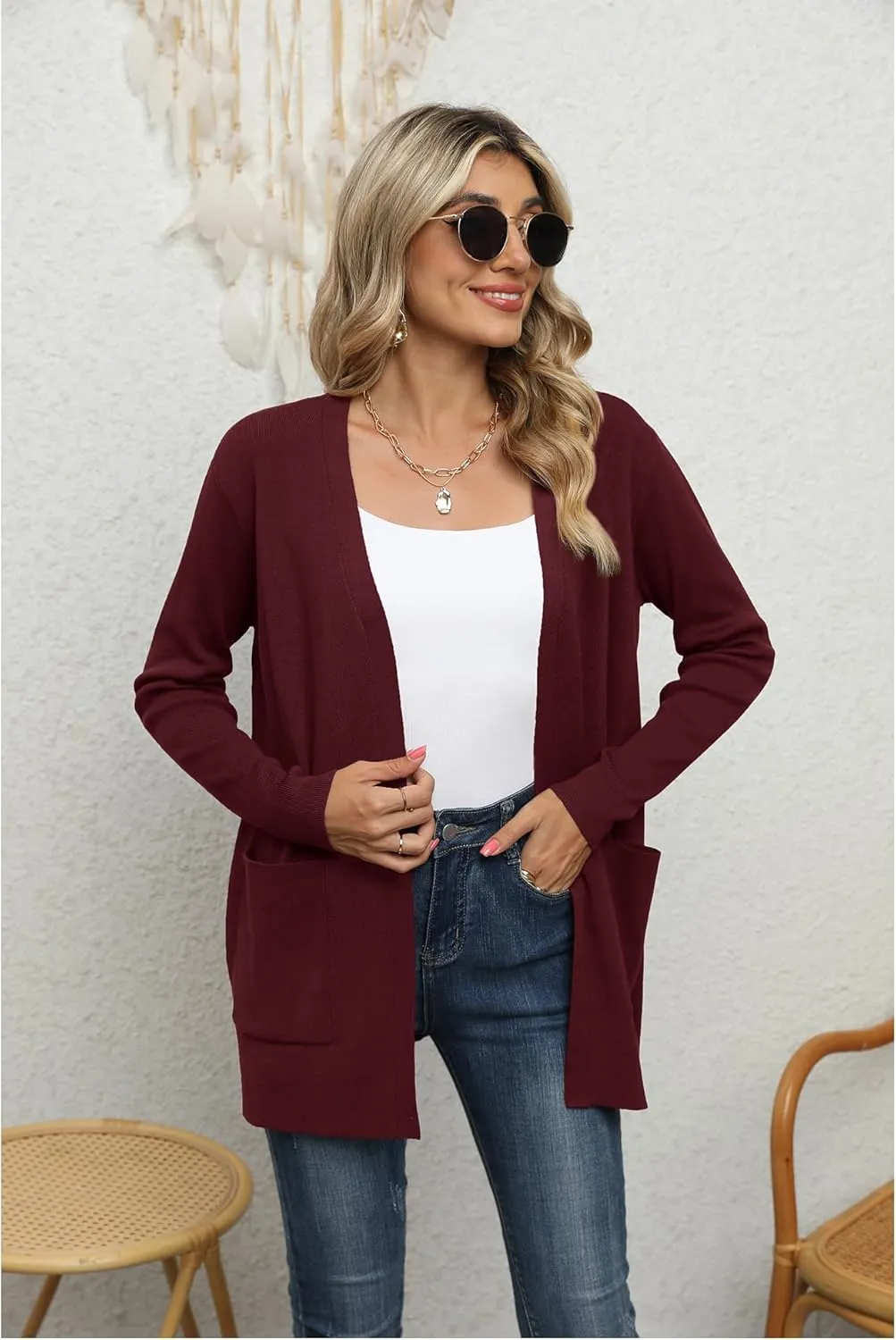 LILBETTER Womens Casual Lightweight Long Sleeve Open Front Cardigan Sweaters with Pockets