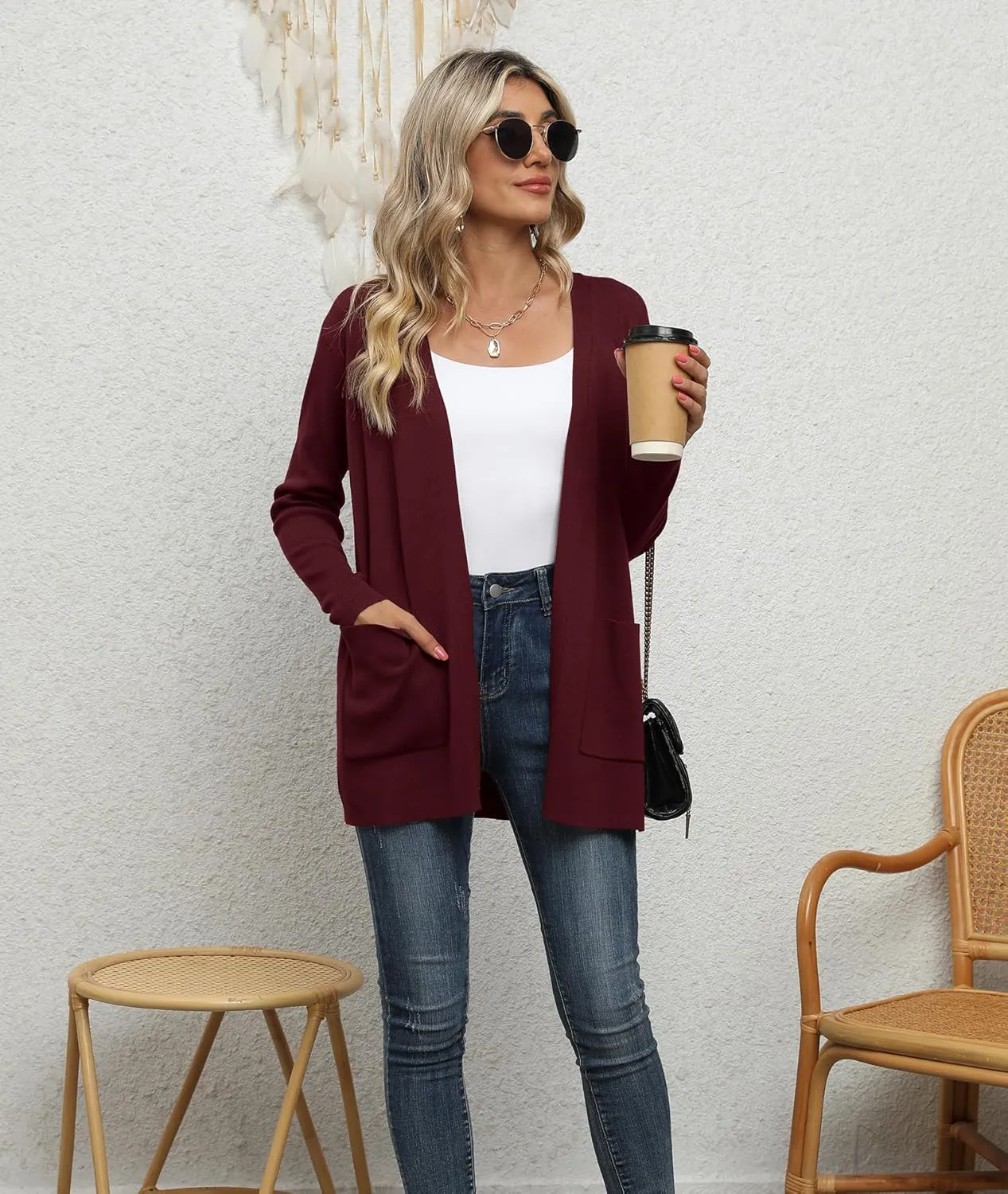 LILBETTER Womens Casual Lightweight Long Sleeve Open Front Cardigan Sweaters with Pockets