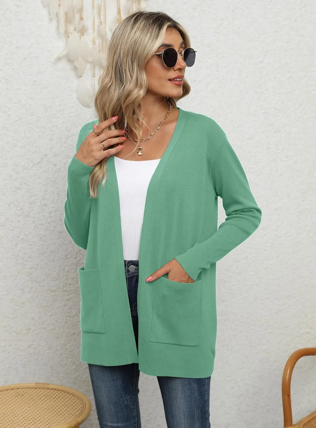 LILBETTER Womens Casual Lightweight Long Sleeve Open Front Cardigan Sweaters with Pockets