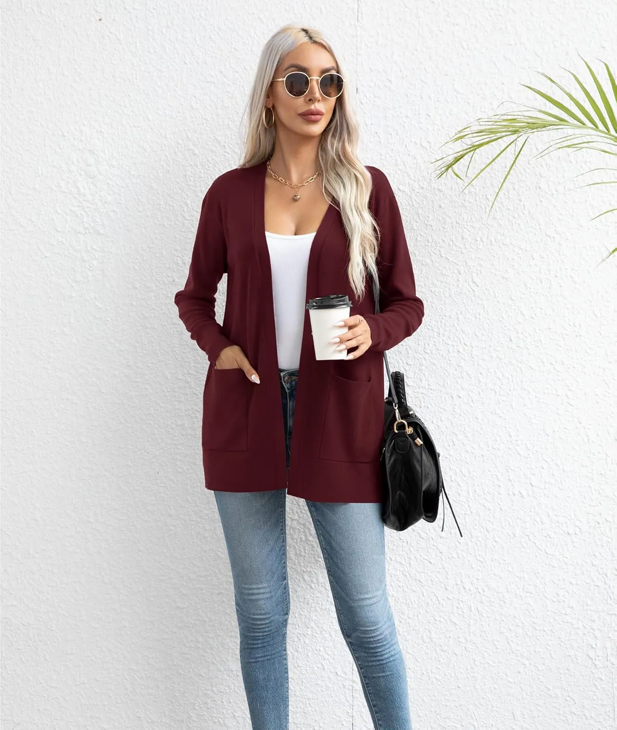 LILBETTER Womens Casual Lightweight Long Sleeve Open Front Cardigan Sweaters with Pockets