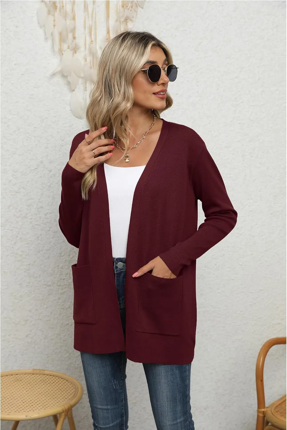 LILBETTER Womens Casual Lightweight Long Sleeve Open Front Cardigan Sweaters with Pockets